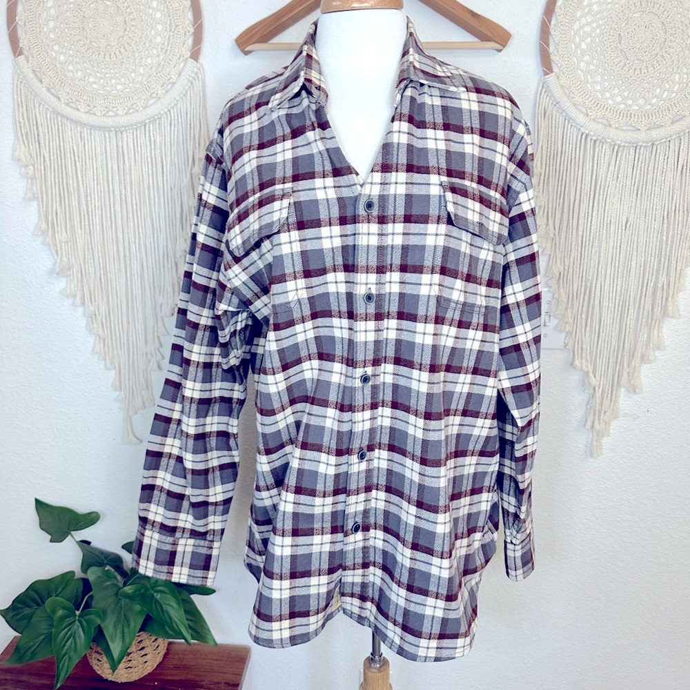 Jachs brown and bluish gray plaid thick flannel button up mens shirt Large